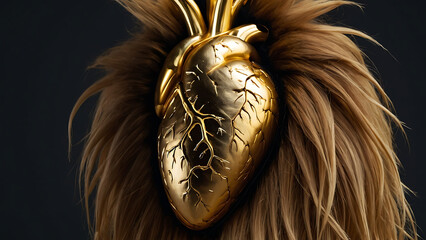Heart of Lion - Gold rendered organ surrounded by mane,  courage, bravery, power, black backdrop