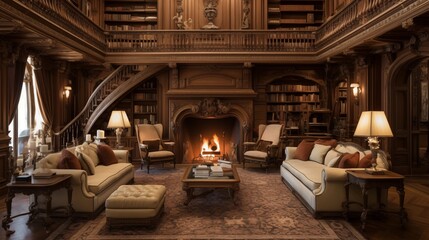 Majestic French chateau carved oak library with floor-to-ceiling bookshelves rolling ladder plush leather chairs and fireplace. - obrazy, fototapety, plakaty