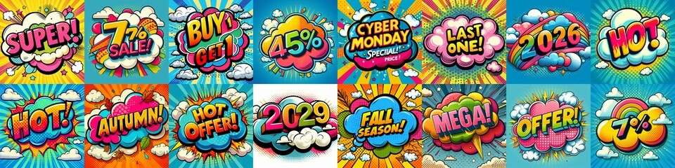 Fototapeta premium Sale stickers pop art style. AI generated illustration