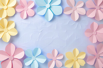 easter background with paper cut flowers, copy space in the center, paper cut craft, easter card design
