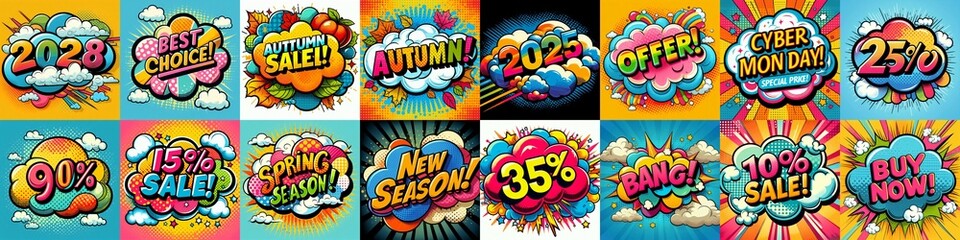 Fototapeta premium Sale stickers pop art style. AI generated illustration
