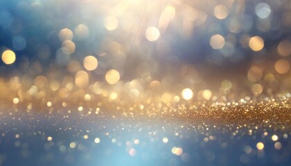 blue background with golden sparkling particles and bokeh lights holiday concept background with gold foil texture