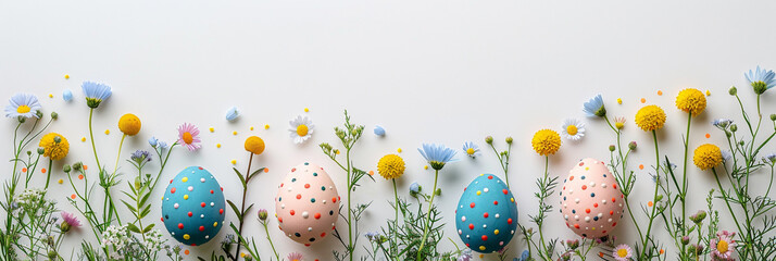 copy space, Stylish concept of bright color Easter eggs, Easter pastel eggs with wild flowers,...