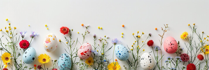 copy space, Stylish concept of bright color Easter eggs, Easter pastel eggs with wild flowers