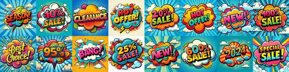 Obraz premium Sale stickers pop art style. AI generated illustration