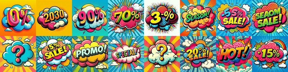 Fototapeta premium Sale stickers pop art style. AI generated illustration