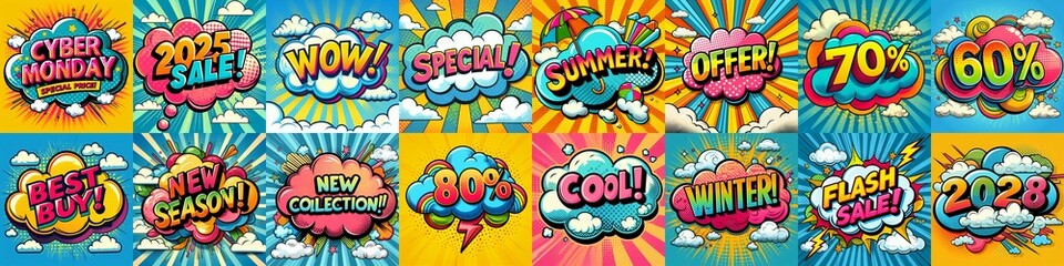 Fototapeta premium Sale stickers pop art style. AI generated illustration