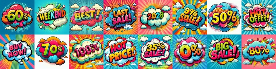 Fototapeta premium Sale stickers pop art style. AI generated illustration