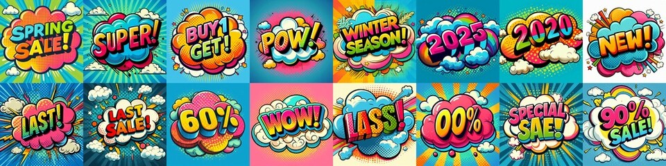 Fototapeta premium Sale stickers pop art style. AI generated illustration