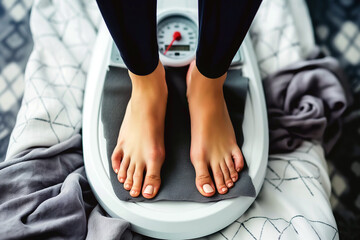Person weighing themselves on a scale placed on a bed, checking weight gain concept.