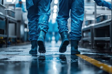 Two workers in blue uniforms walking carefully on a wet warehouse floor. - obrazy, fototapety, plakaty