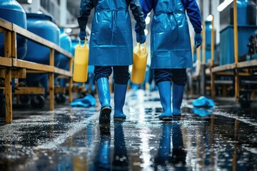 A couple of individuals, workers in blue uniforms, walking down a factory, wet floor.