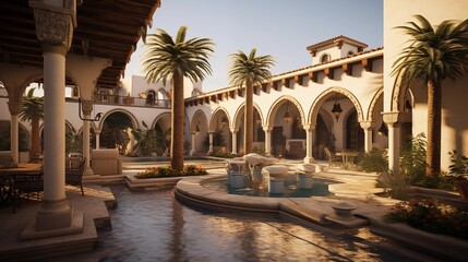 Mediterranean courtyard resort with tiered loggias and archways stucco columns intricate tilework sculpted fountains and meandering outdoor spaces. - obrazy, fototapety, plakaty