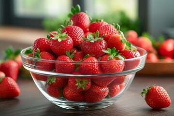 Ripe strawberries neatly arranged in a glass bowl on a wooden table.