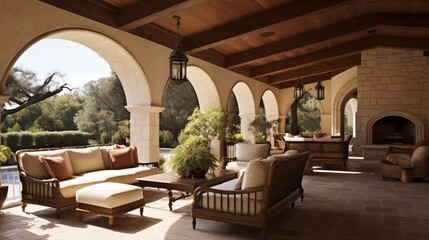 Mediterranean indoor/outdoor loggia with stone arches beamed ceilings and covered alfresco lounge. - obrazy, fototapety, plakaty