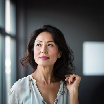 Mid age Asian woman standing by window, hand on shoulder.
