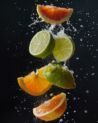 a fruit ninja blend of fresh cut lemon, lime and white grapefruit falling from above in series 