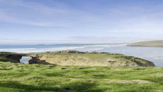 Perranporth beach and Perran sand beach, Cornwall, United Kingdom. Vertical video.