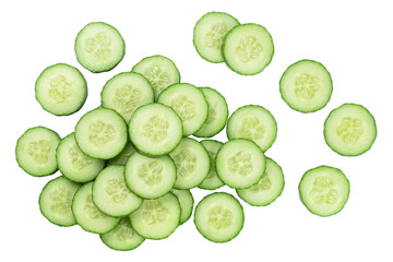 Sliced round cucumber slices isolated on transparent background, top view.