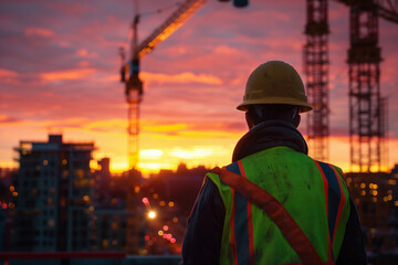 A construction worker in a yellow helmet and reflective vest on a large building site with cranes in the background (2)