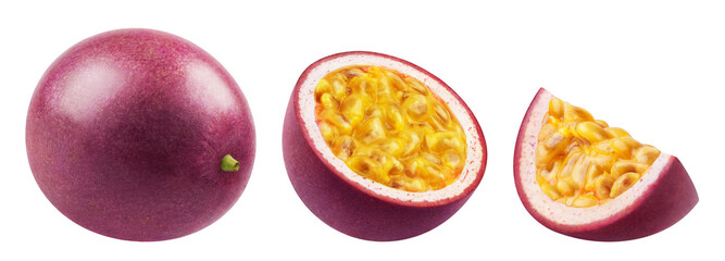 Set of whole passion fruit, half and slice of passion fruit isolated on a transparent background.