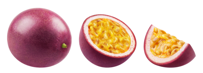 Set of whole passion fruit, half and slice of passion fruit isolated on a transparent background.