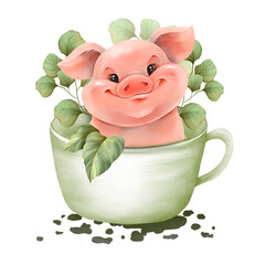 Pig in cup. Cute animal illustration