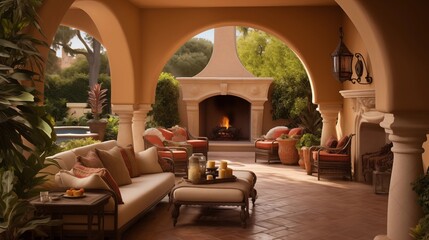 Mediterranean inspired outdoor living room with arched walkways shaded loggias terra cotta tile stucco columns and lush landscaping all around. - obrazy, fototapety, plakaty