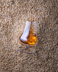 A glass of whiskey on barley grains as background, top view - 767282031