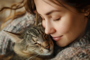 A woman peacefully hugs her cat, eyes closed, feeling the warmth of their bond.