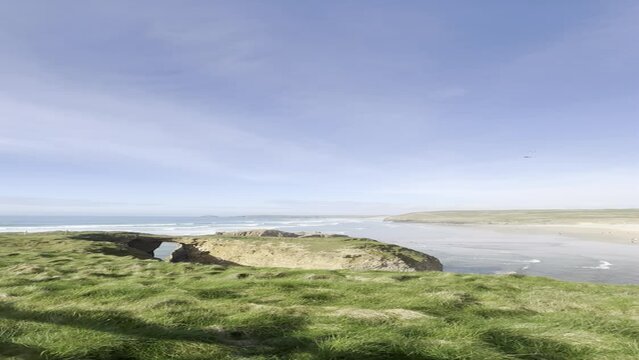 Perranporth beach and Perran sand beach, Cornwall, United Kingdom. Vertical video.
