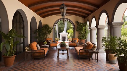 Mediterranean Revival painted barrel-vaulted ceiling loggia with antique terra cotta floors and arched openings. - obrazy, fototapety, plakaty