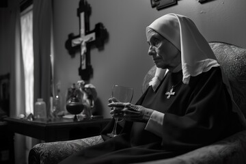 A nun seated in a chair, holding a glass of wine, with an inverted cross on the wall behind her. - obrazy, fototapety, plakaty
