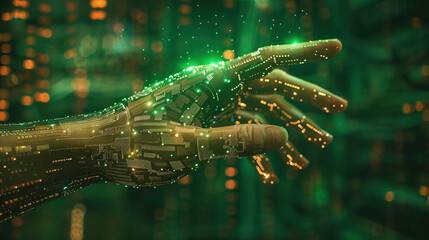green cyborg finger about to touch machine finger 3D rendering AI generative
