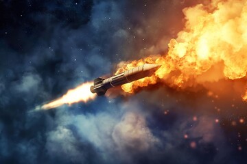 A private space shuttle flies through the sky, engulfed in flames and smoke. - Powered by Adobe