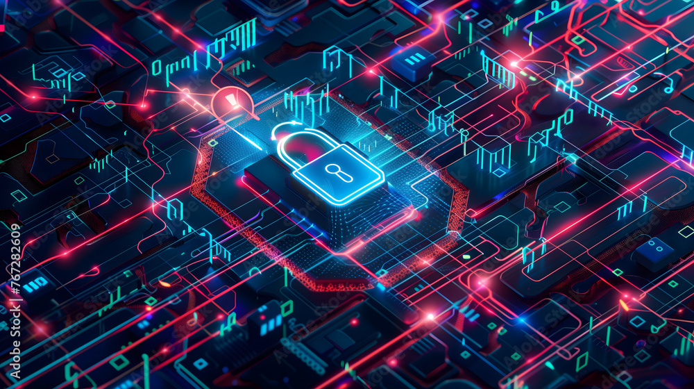 Poster cybersecurity as a glowing lock symbol amidst vibrant digital circuits, symbolizing the complex task