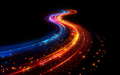Light trails of neon light glow in speed motion effect on black background. Dynamic light trails of glowing sparks with neon sparkling flares on highway road night