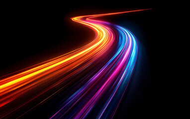 Light trails of neon light speed motion with glow effect on black background. Dynamic light trails with glowing sparks and neon sparkling flares