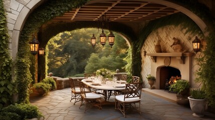 Mediterranean style outdoor dining loggia with terra cotta barrel vaulted ceiling stone arched openings and ivy covered pergola. - obrazy, fototapety, plakaty