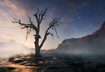 Cracked land and dead tree, 3D illustration - 767282646