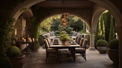 Mediterranean style outdoor dining loggia with terra cotta barrel vaulted ceiling stone arched openings and ivy covered pergola. - obrazy, fototapety, plakaty