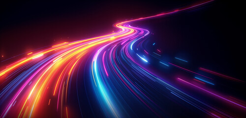 Light trails speed motion effect background with neon light glow lines. Dynamic light trails wave with glowing sparks and sparkles