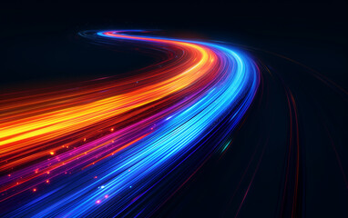 Light trails speed motion effect background with neon light lines. Dynamic light trails of glow wave on night road highway - 767282672