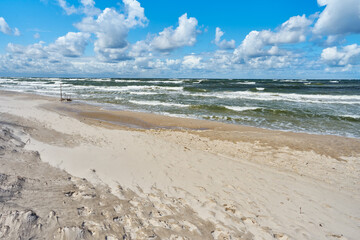 Summer scene of Baltic sea - sand, beach and sea. Beautiful blue sky with cumulous cloud.	 - 767282676