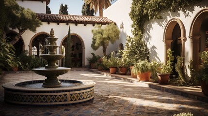 Mediterranean villa courtyard with tiled fountains and lush landscaping.