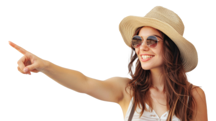 Joyful young woman with beach hat pointing against  transparent background