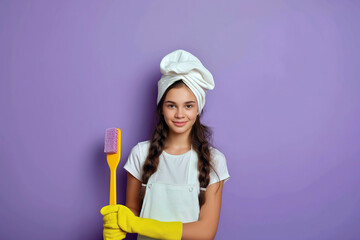 Young chambermaid wearing a turban holding a yellow brush on a lilac background - obrazy, fototapety, plakaty