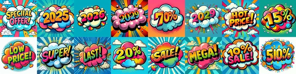 Sale stickers pop art style. AI generated illustration