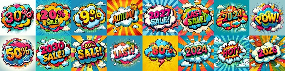 Sale stickers pop art style. AI generated illustration