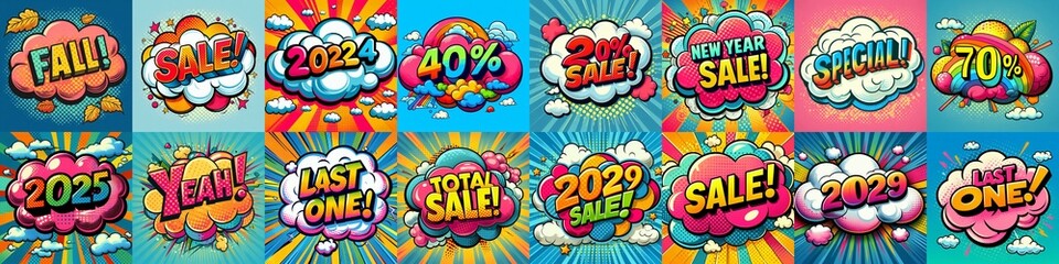 Fototapeta premium Sale stickers pop art style. AI generated illustration